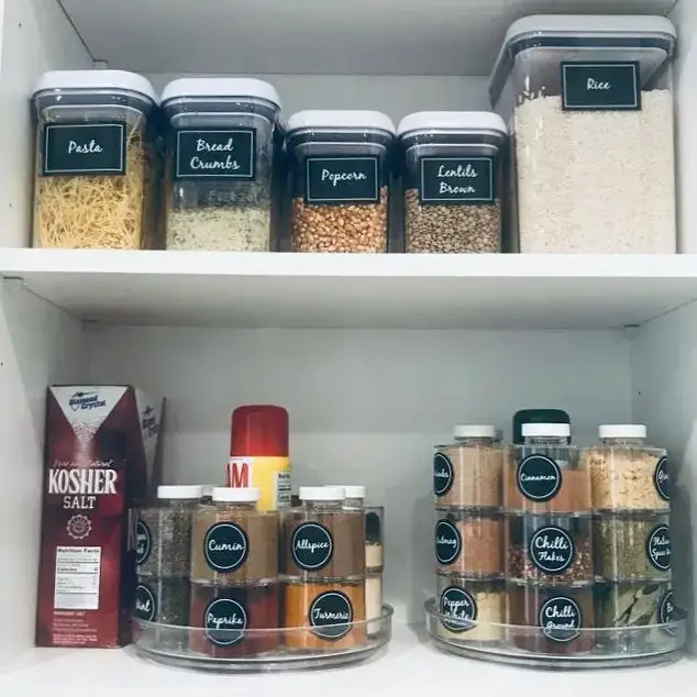 labeled products in a kitchen cabinet